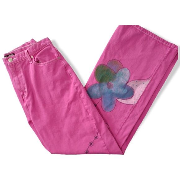 Fashion Nova Pink Fuchsia Jeans Floral Paint High Waist Jr 9 NEW - Picture 2 of 10
